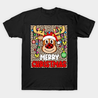 Merry Christmas Funny Reindeer Xmas Family Pajamas Leopard T-Shirt